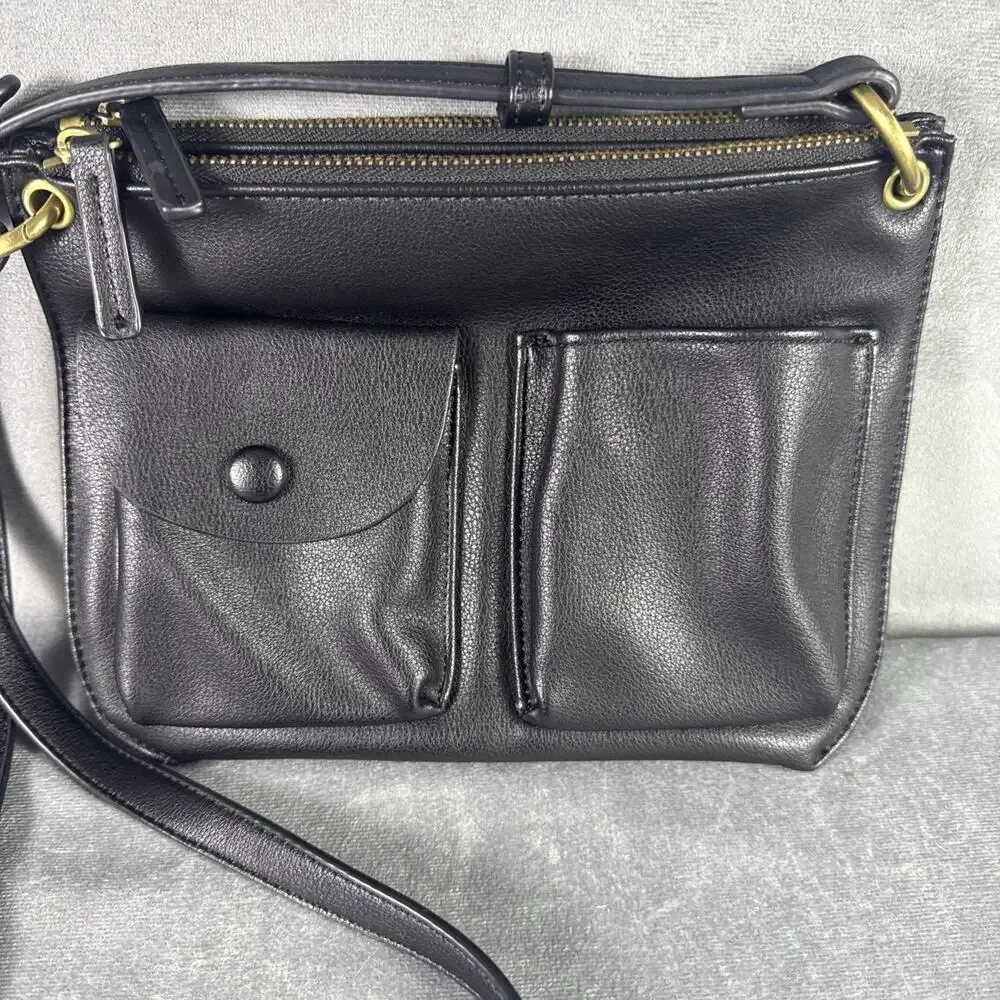 ANTHROPOLOGIE Vegan Black Leather Double Crossbody Bag